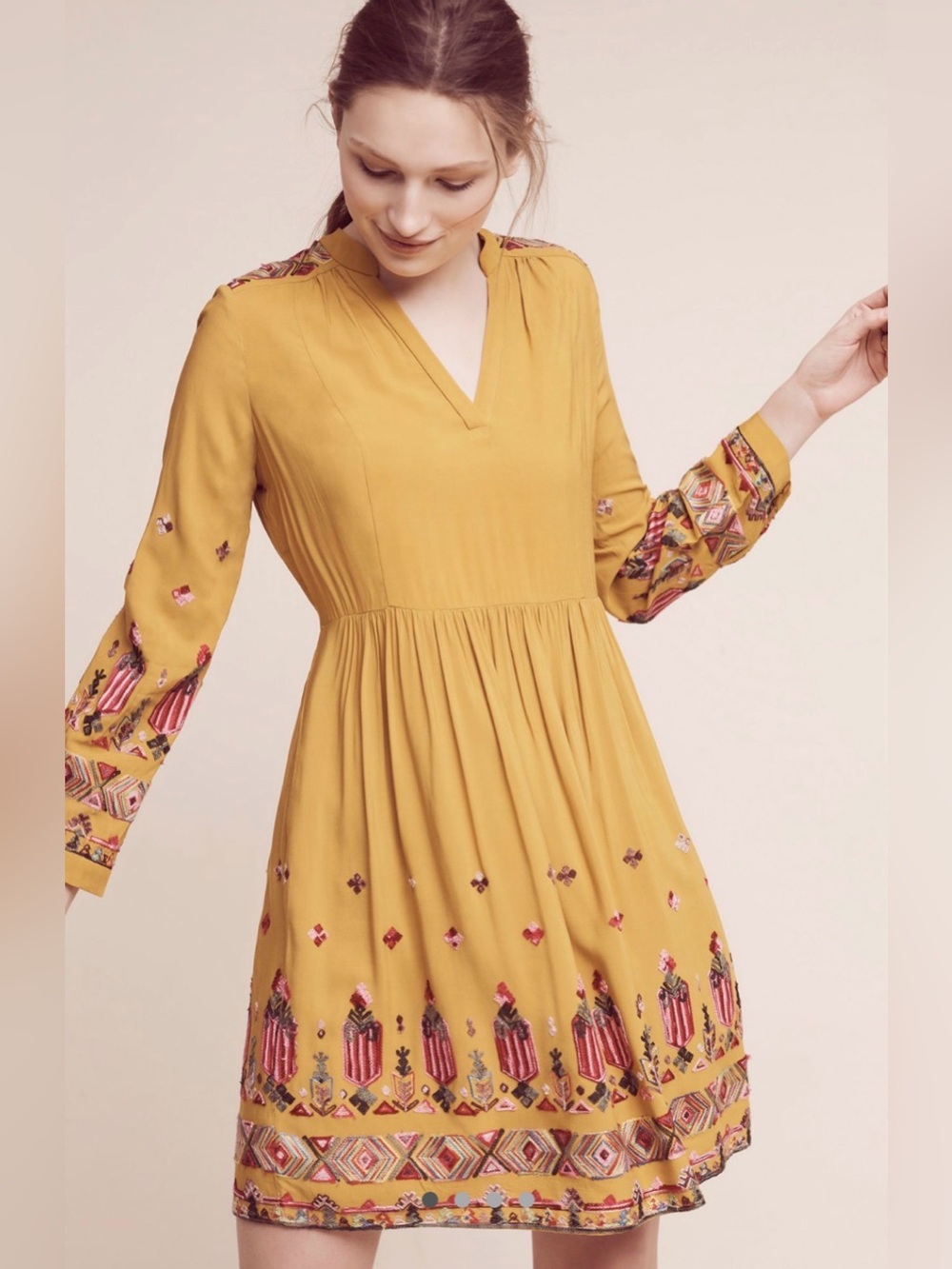 Anthropologie Floreat Raella Embroidered Tunic Dress XL Maize Yellow Mustard